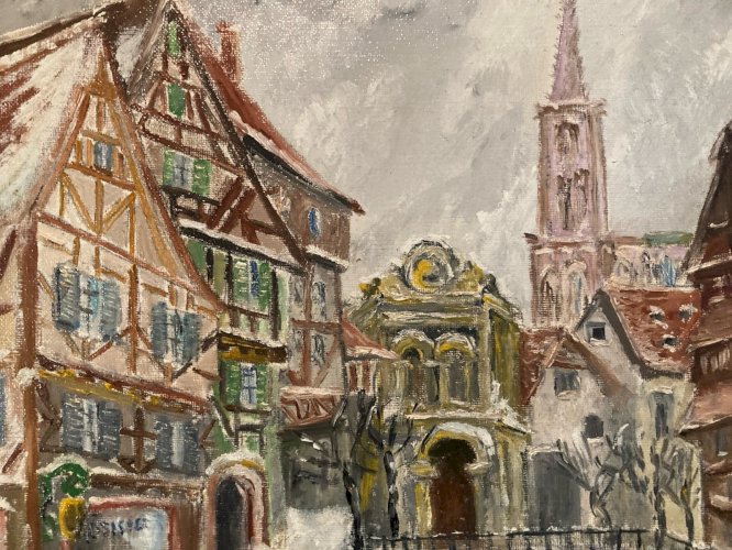 Peinture 1977 Huile Toile Post Impressionnisme Strasbourg Cathédrale  Painting