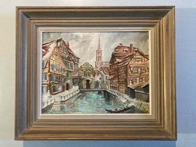 Peinture 1977 Huile Toile Post Impressionnisme Strasbourg Cathédrale  Painting