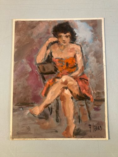 Peinture 1980 Art Femme Robe Carton Huile Expressionnisme Erotique