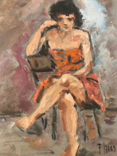 Peinture 1980 Art Femme Robe Carton Huile Expressionnisme Erotique