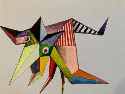 Painting 1980 Art Gouache Paper Cubist Post Cubism Animal 20th Century