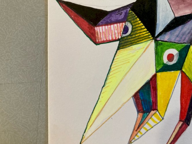 Peinture 1980 Art Gouache Papier Cubiste Post Cubisme Animal XXe Painting