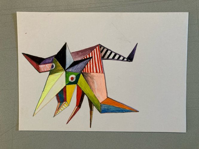 Peinture 1980 Art Gouache Papier Cubiste Post Cubisme Animal XXe Painting