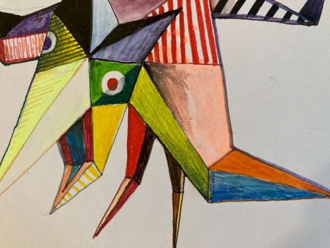 Peinture 1980 Art Gouache Papier Cubiste Post Cubisme Animal XXe Painting