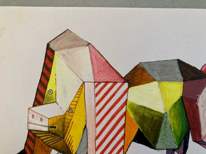 Peinture 1980 Gouache Art Papier Cubiste Post Cubisme Animal XXe Painting
