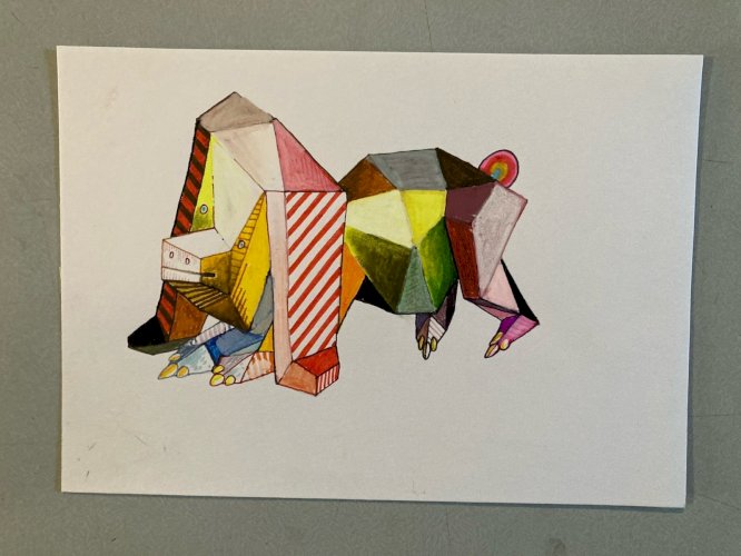 Peinture 1980 Gouache Art Papier Cubiste Post Cubisme Animal XXe Painting