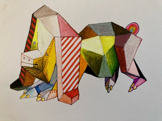 Peinture 1980 Gouache Art Papier Cubiste Post Cubisme Animal XXe Painting