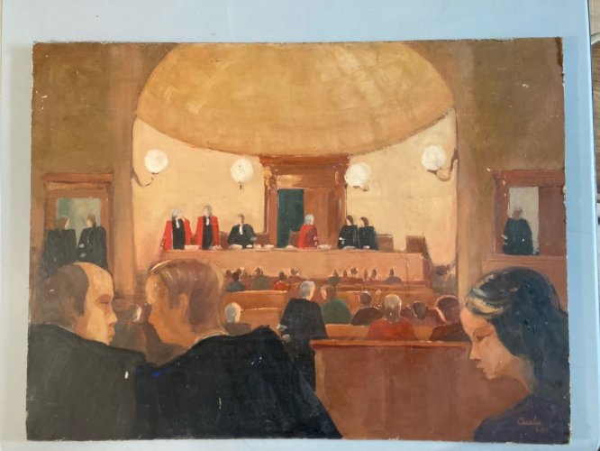Peinture 1980 Huile Avocat Juge Carolis Tribunal Original Toulouse Painting Art