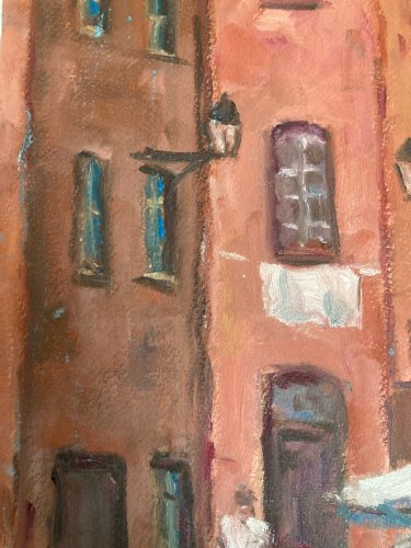 Peinture 1980 Huile Sur Panneau Carton À Identifier Ville Rose Terrasse