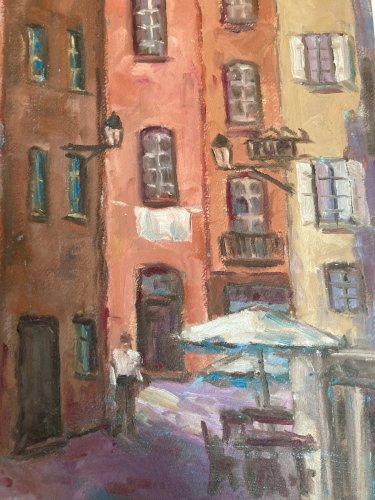 Peinture 1980 Huile Sur Panneau Carton À Identifier Ville Rose Terrasse