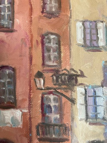 Peinture 1980 Huile Sur Panneau Carton À Identifier Ville Rose Terrasse