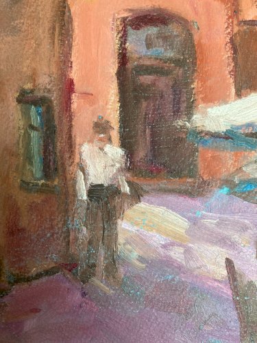 Peinture 1980 Huile Sur Panneau Carton À Identifier Ville Rose Terrasse