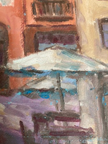 Peinture 1980 Huile Sur Panneau Carton À Identifier Ville Rose Terrasse