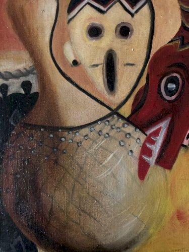 Peinture 1980 Huile Sur Toile Afrique Nati-bi Nati Bi Art Courge XXe