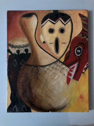 Peinture 1980 Huile Sur Toile Afrique Nati-bi Nati Bi Art Courge XXe