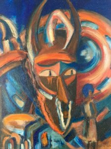 Peinture 1980 Huile Sur Toile Masque Afrique Africain Nature Morte