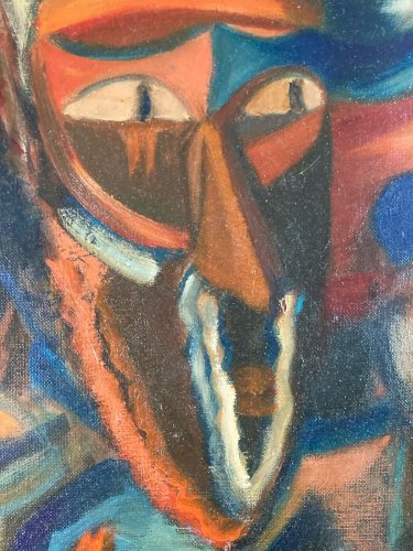 Peinture 1980 Huile Sur Toile Masque Afrique Africain Nature Morte