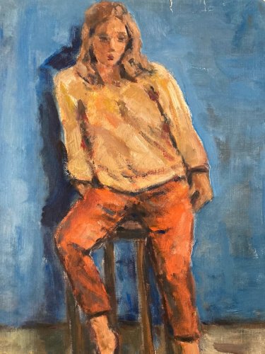 Peinture 1981 Femme Assise  Carton Huile Expressionnisme A Identifier Art