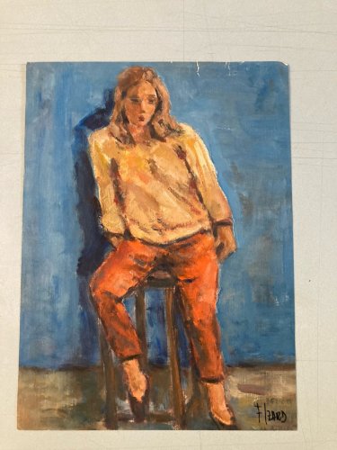 Peinture 1981 Femme Assise  Carton Huile Expressionnisme A Identifier Art