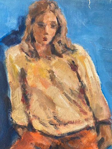 Peinture 1981 Femme Assise  Carton Huile Expressionnisme A Identifier Art