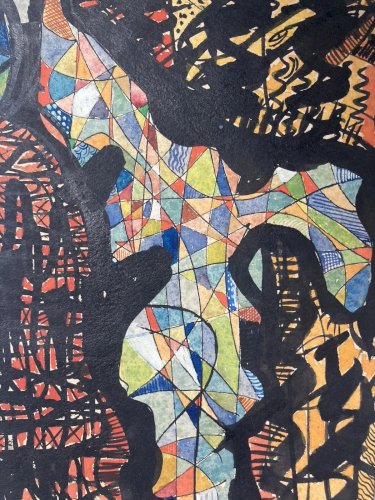 Peinture Abstrait Gouache  Papier Ancien 1960 Abstraction À Identifier Art