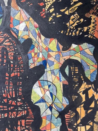 Peinture Abstrait Gouache  Papier Ancien 1960 Abstraction À Identifier Art