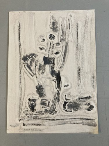 Peinture Abstrait Gouache Papier composition au bouquet de fleurs et vase, 1987