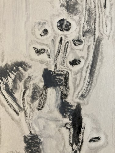 Peinture Abstrait Gouache Papier composition au bouquet de fleurs et vase, 1987