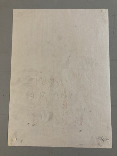 Peinture Abstrait Gouache Papier composition au bouquet de fleurs et vase, 1987