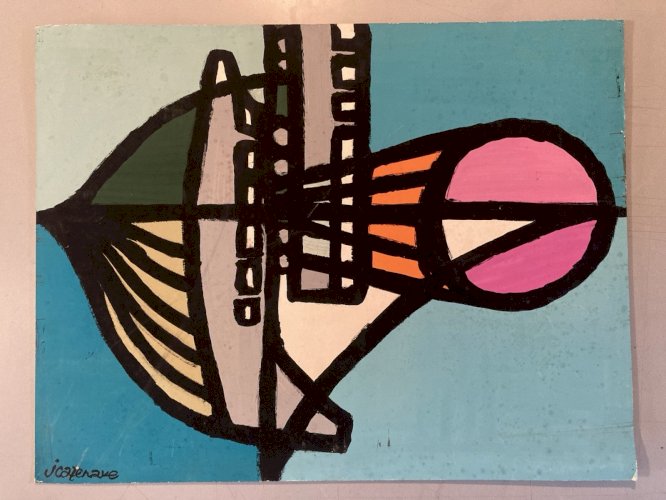 Peinture Abstrait Panneau Carton Art Ancien abstraction 1960 À Identifier