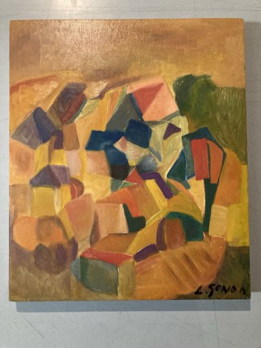 Peinture Abstraite Huile Sur panneau Cubiste Cubisme Paysage Arbre Village