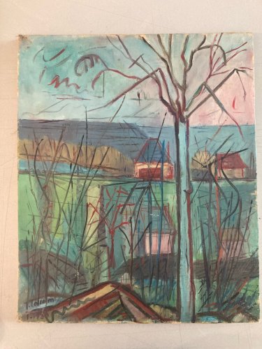Peinture Abstraite Huile Sur Toile Cubiste Cubisme Paysage Arbre Painting 1950