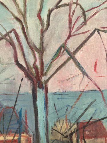 Peinture Abstraite Huile Sur Toile Cubiste Cubisme Paysage Arbre Painting 1950