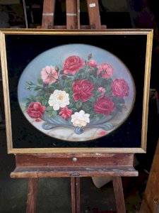 Antique painting of pink flowers, oval, signed Louis Babelay – Oil on panel –