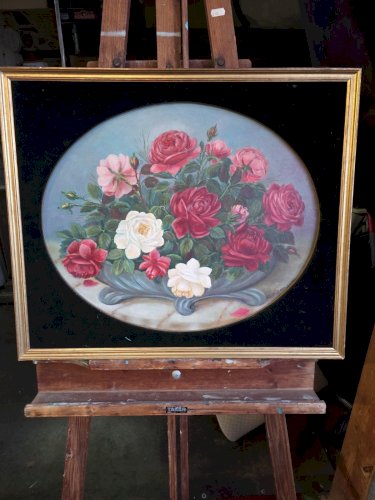 Peinture ancienne fleurs roses ovale signée Louis Babelay – Huile sur panneau –