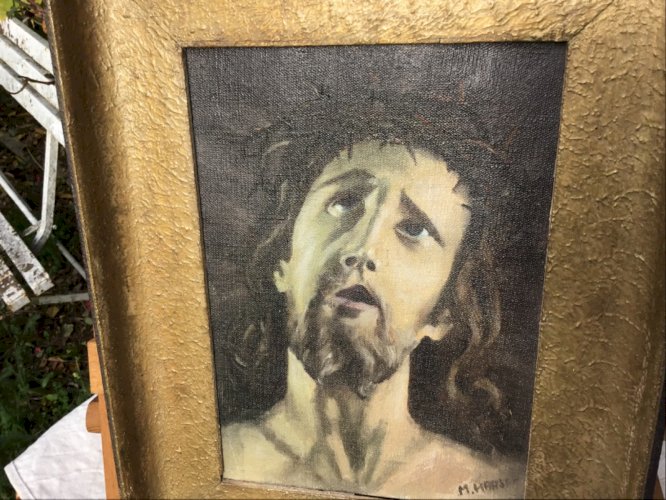 peinture ancienne huile sur toile portrait du christ religion christianism signé