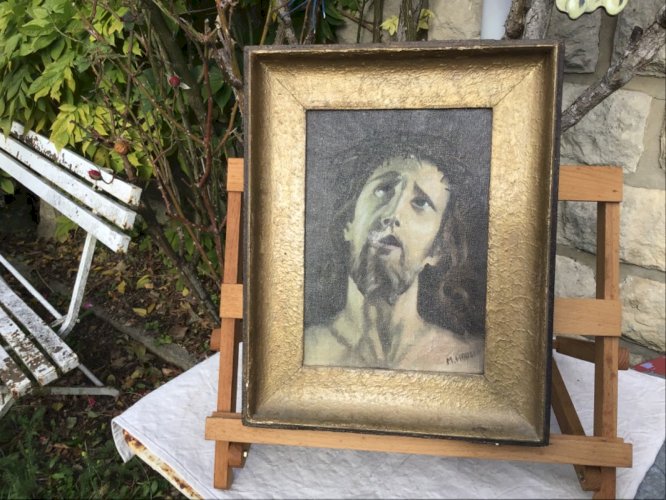 peinture ancienne huile sur toile portrait du christ religion christianism signé
