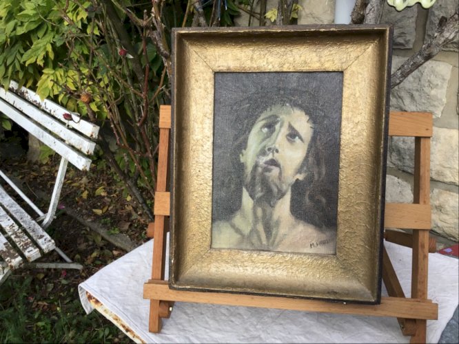 peinture ancienne huile sur toile portrait du christ religion christianism signé