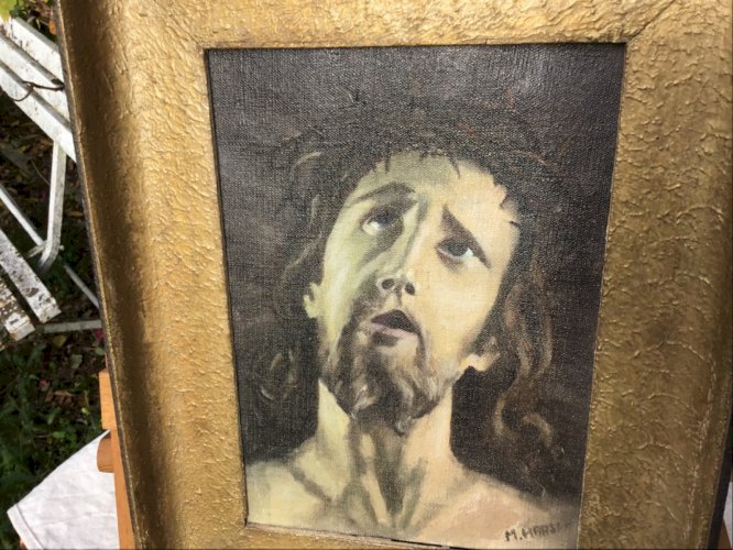 peinture ancienne huile sur toile portrait du christ religion christianism signé