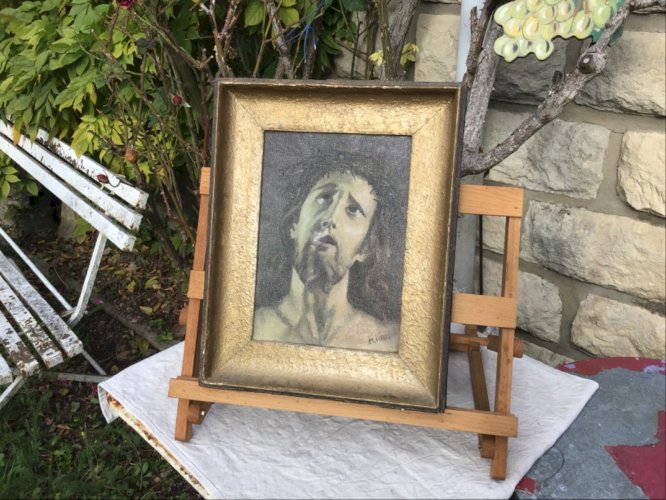 peinture ancienne huile sur toile portrait du christ religion christianism signé