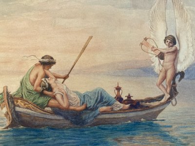 Ancient Painting Romantic Scene Between Two Women 1920 Art Cupid Painting