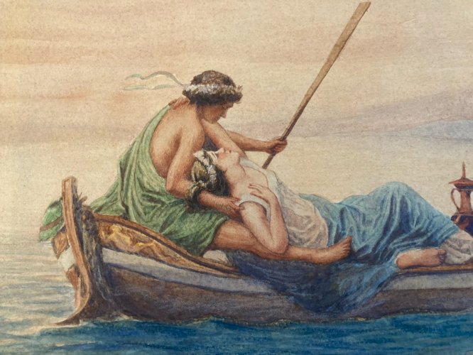 Peinture Ancienne Scène romantique entre deux femmes 1920 Art Cupidon Painting