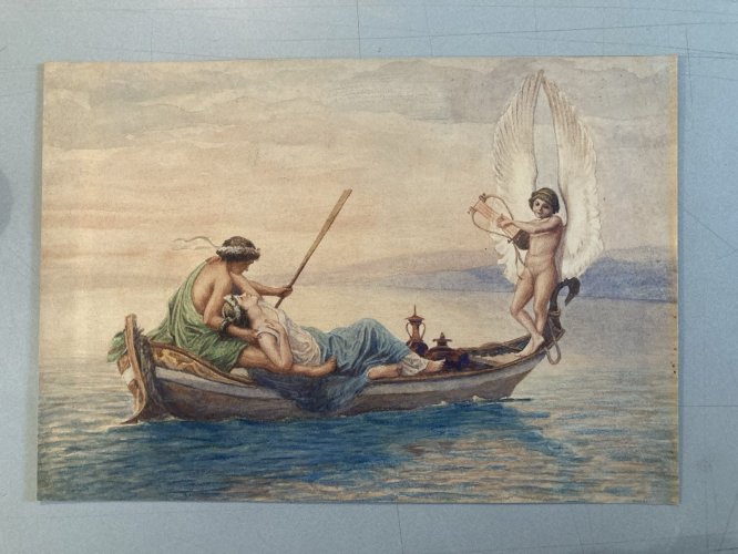 Peinture Ancienne Scène romantique entre deux femmes 1920 Art Cupidon Painting