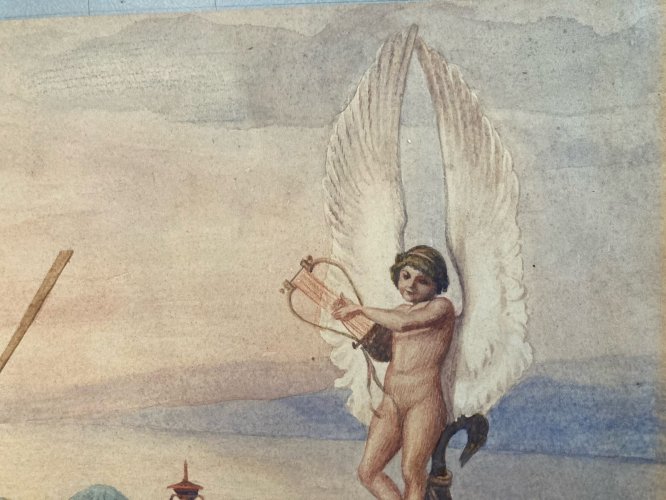 Peinture Ancienne Scène romantique entre deux femmes 1920 Art Cupidon Painting