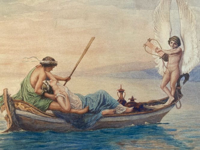 Peinture Ancienne Scène romantique entre deux femmes 1920 Art Cupidon Painting