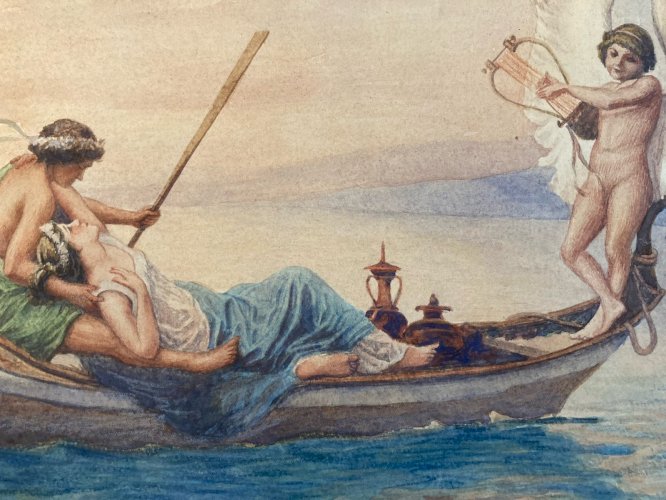 Peinture Ancienne Scène romantique entre deux femmes 1920 Art Cupidon Painting