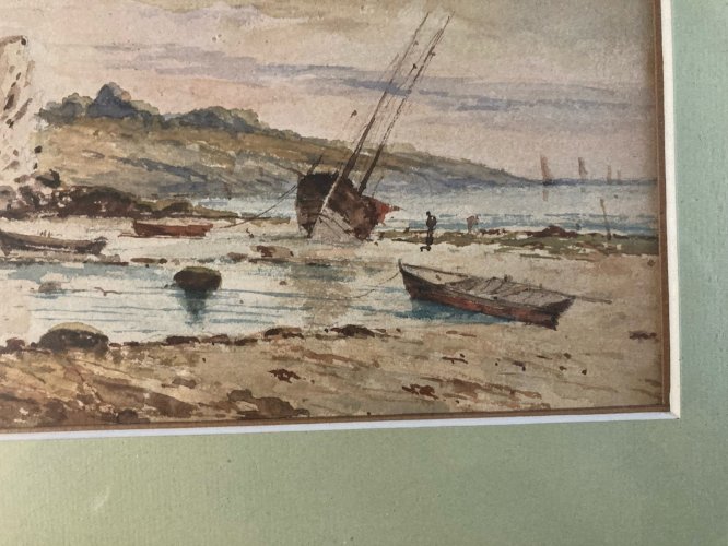 Peinture Aquarelle 1900  Bateau Art Pêche  À Identifier Mer Ocean Ancien Rocher