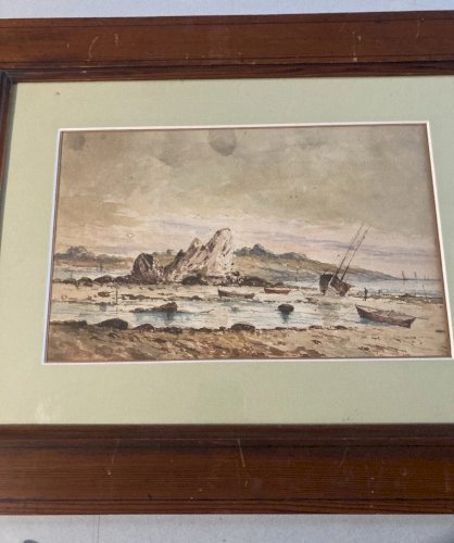 Peinture Aquarelle 1900  Bateau Art Pêche  À Identifier Mer Ocean Ancien Rocher