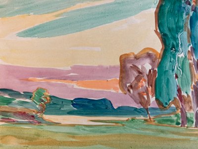 Peinture Aquarelle gouache Sur Papier Paysage Fauve Arbre 1950 À Identifier Art