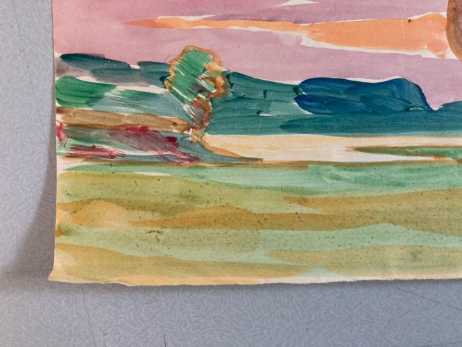 Peinture Aquarelle gouache Sur Papier Paysage Fauve Arbre 1950 À Identifier Art